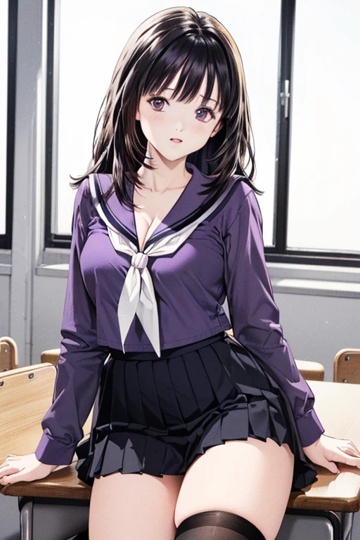 (8K、top-quality、​masterpiece:1.2)、(realisitic、ultra-detailliert、超A high resolution、beautifull detailed face,perfect body,(1girl,black long hair),(school uniform,sailor suit,purple shirts,navy skirt,white tie),cotrapposto,cleavage,in classroom,portrait
