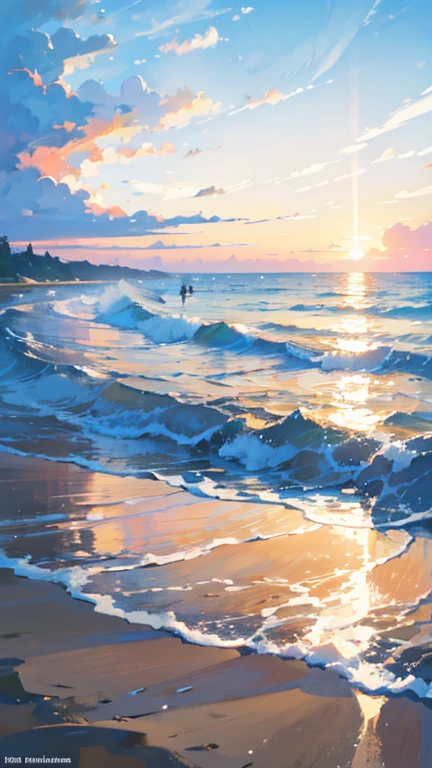 A stands on the shore, with soft white sand beneath their feet and gentle waves moving behind them.