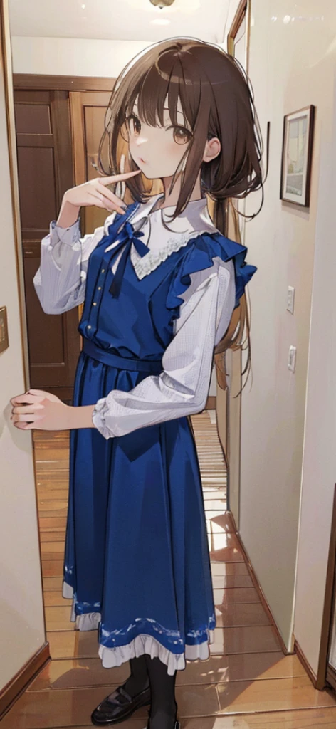 ((masterpiece)), ((best quality)), ((ultra detailed)), ((kawaii)), cute, (lovely), ((extremely detailed)), ((8K)), (beautiful), full body, luxury room, a cute girl, 1girl, solo, blue mini camisole dress,beautiful light brown hair, ((detailed beautiful brown eyes)), white-skinned, long hair, flat breast, tiny breast, garter belt,standing,(nfsw:1.4)