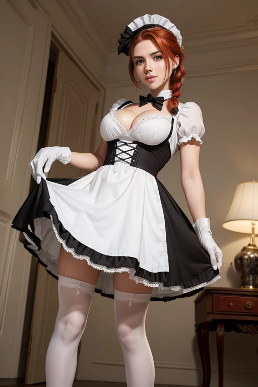 (masterpiece), best quality, expressive eyes, perfect face, (mansion background), (standing), (closeup view), (smirk), (1girl, Scarlett Johansson face, fair skin, freckles, red hair, braid hairstyle, green eyes, thin body, skinny body, petite_body, small breasts, wide hips, thick thighs, black and white french maid dress, short sleeve, exposed cleavage, black and white french maid hat, white gloves, white stockings, black heels),