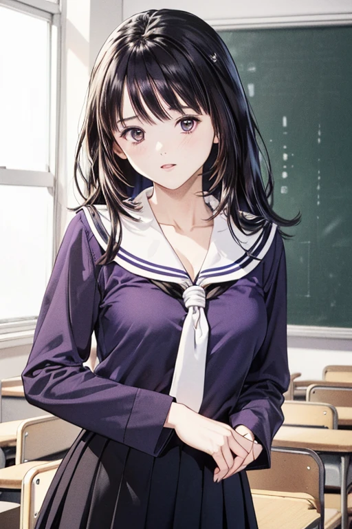 (8K、top-quality、​masterpiece:1.2)、(realisitic、ultra-detailliert、超A high resolution、beautifull detailed face,perfect body,(1girl,black long hair),(school uniform,sailor suit,purple shirts,navy skirt,white tie),cotrapposto,cleavage,in classroom,portrait
