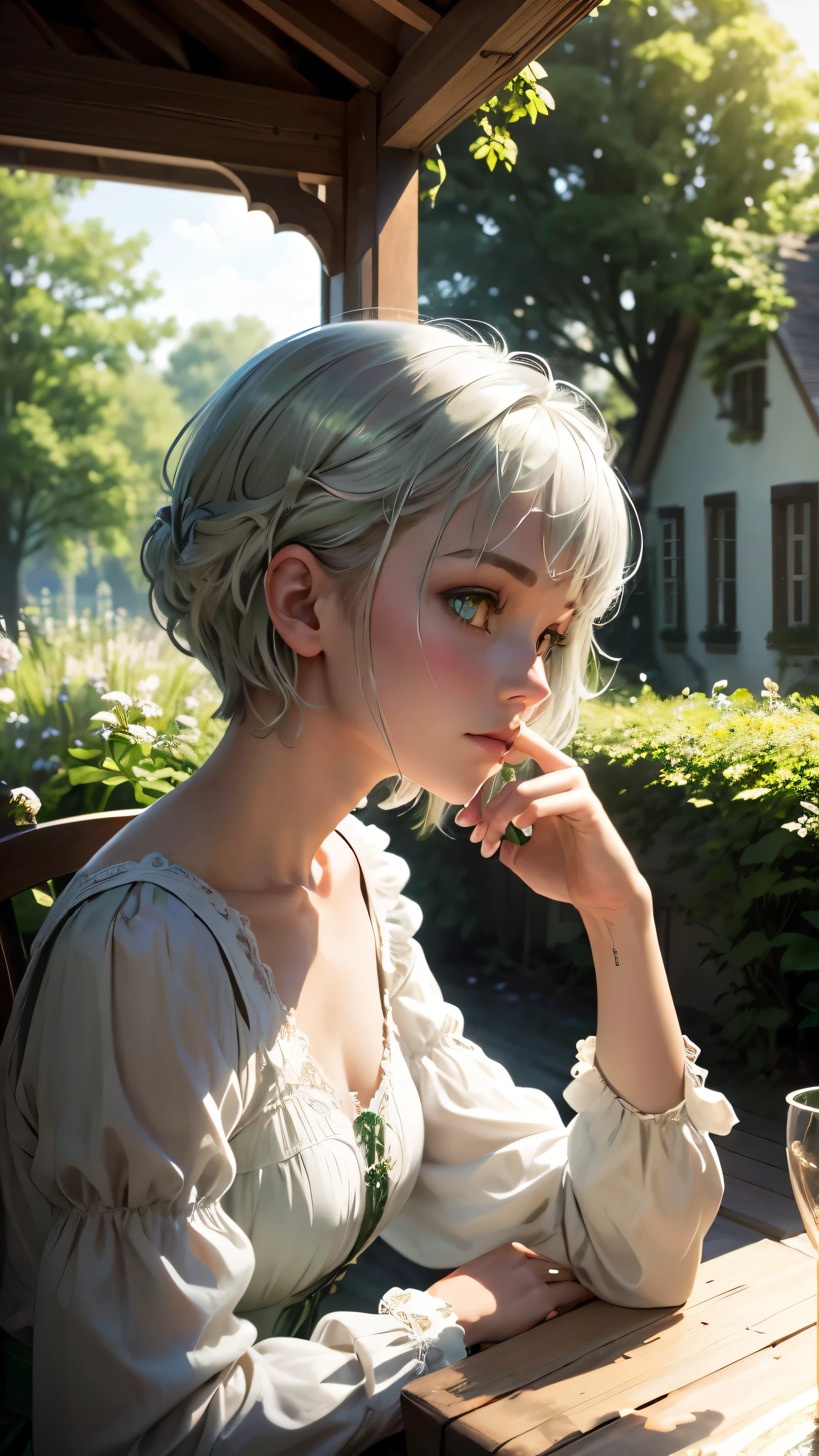 masterpiece, highest quality,Very detailed,Hyper Details, cinematic Light,, One girl, alone, sit, Outdoor, Summer House, sitting in the Summer House,  plant, table, chandelier, Candles, Wind, Green Eyes, Pan Green Silver Hair, short hair, Floating Hair, Light, Light frown, profile,View your viewers, dynamic_angle