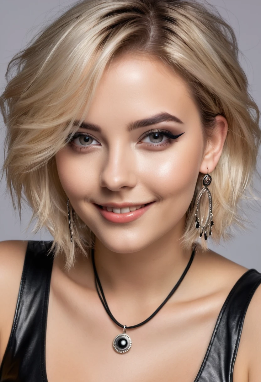 hyperrealistic beautiful busty 18-year-old women in shiny sleeveless top and leather leggins, model shooting full body photography, dyed platin-blonde short messy bob, dark eye makeup with eyeliner, seductive smile, small necklace and earrings, 8K, best quality, Meisterwerk, ultra high resolution, (Realismus: 1.4), Originalfoto, (realistische Hautstruktur: 1.3), (Filmkorn: 1.3), (Selfie-Winkel), 1 girl, Beautiful round eyes and facial details, Meisterwerk, best quality