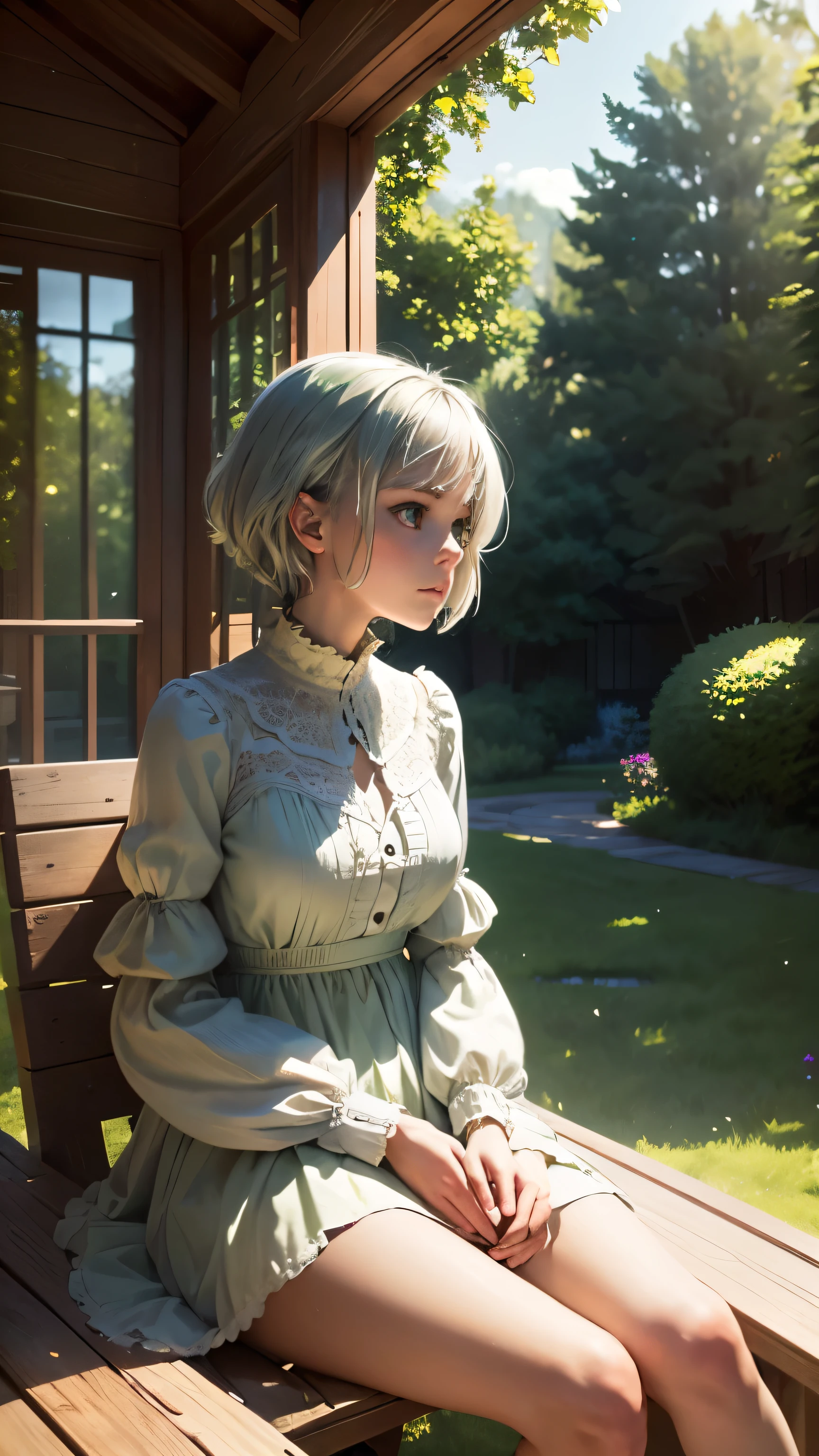 masterpiece, highest quality,Very detailed,Hyper Details, cinematic Light,, One girl, alone, sit, Outdoor, Summer House, sitting in the Summer House,  plant, table, chandelier, Candles, Wind, Green Eyes, Pan Green Silver Hair, short hair, Floating Hair, Light, Light frown, profile,View your viewers, dynamic_angle