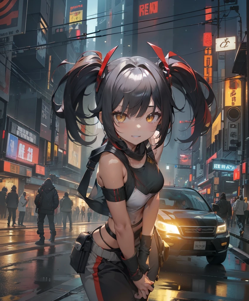 ((2 cyberpunk girls wearing colorful Harajuku style pop outfit)), ((((fisheye lens)))), cowboy shot, wind, messy hair, ((cyberpunk 2077 cityscape)), (cyberpunk aesthetics and atmosphere:1.3), bright colors, smiling, ((cinematic lighting))