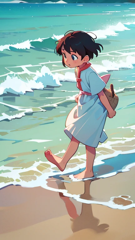 A stands on the shore, with soft white sand beneath their feet and gentle waves moving behind them.