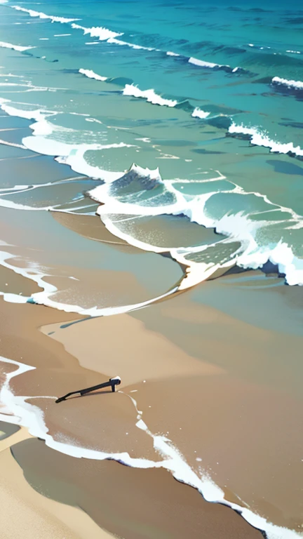 A stands on the shore, with soft white sand beneath their feet and gentle waves moving behind them.