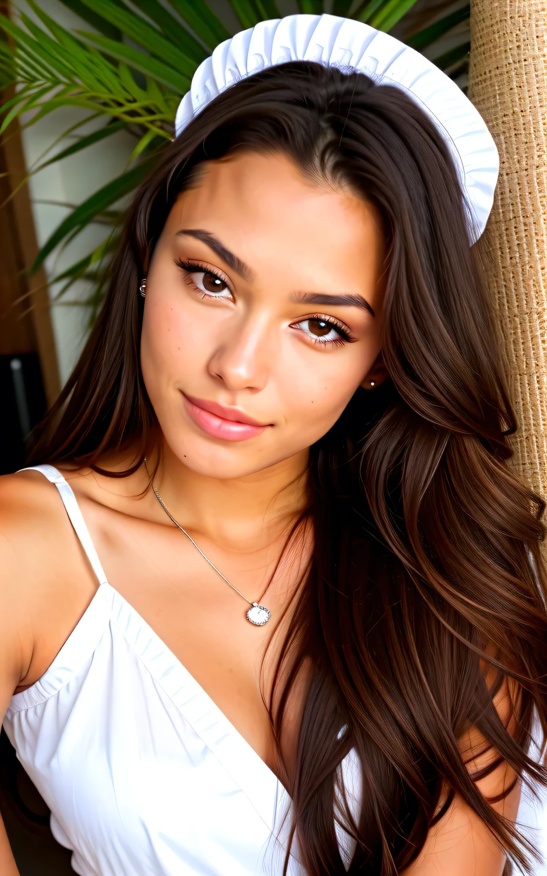jolie belle brune, Robe blanche, Polynesian , Tahitienne, Grain de beauté, , Angle parfait, 21 ans, visage affectueux, cheveux longs fourni, yeux marrons, High resolution, chef-d'artwork, best quality,intricate details, Very detailed,sharpness, detailed skin,Realistic skin texture,texture, Detailed eyes, professionnel, 4k, sourire, shot with Canon, 85mm,faible profondeur de champ,couleur de vision kodak, eye shadow, extremely detailed, photo_\(ultra\), photoRealistic, Realistic, Post-traitement, maximum detail, roughness, vrai vie, ultra Realistic, photorealism, La photographie, 8k euh, La photographie, machines à sous