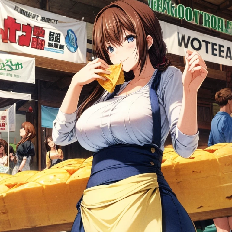 Woman eating giant tortilla at a food stall　Tight clothing　slim waist