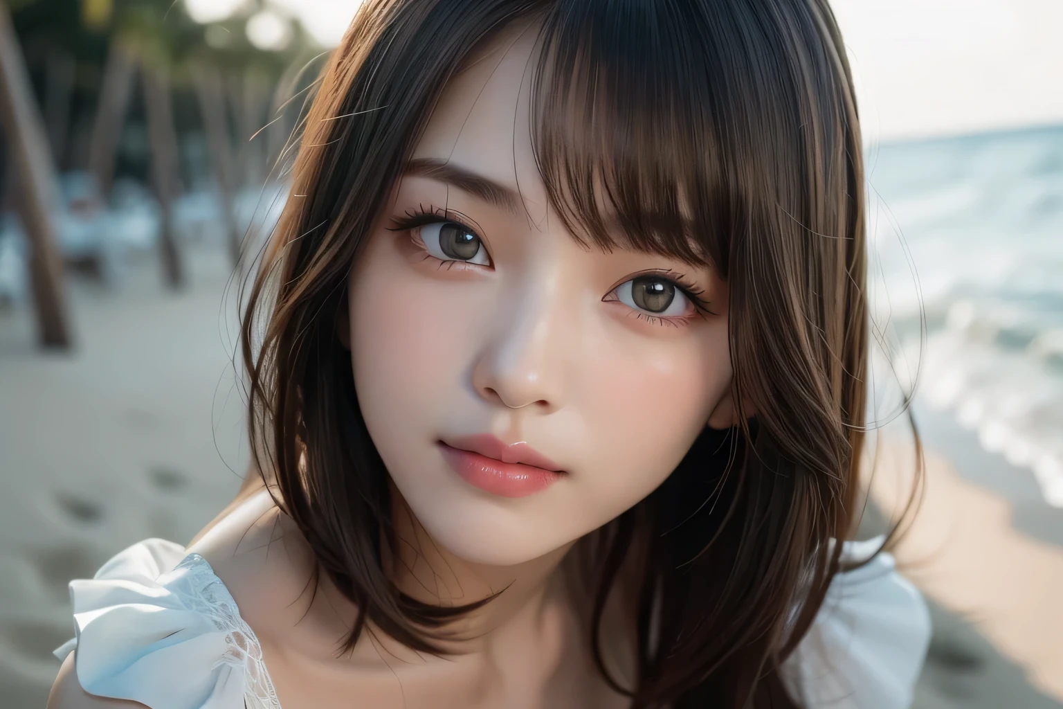 masterpiece、highest quality、8k、(Upper Body:1.4)、beautiful girl、Small breasts、Pretty face、View your viewers、Cute Smile、Ultra-realistic、photograph、Film Grain、chromatic aberration、Sharp focus、High resolution、Face Light、Dynamic Lighting、Cinema Lighting、Professional Shadow、Real Skin、Delicate facial features、Detailed face and eyes、Sharp pupils、Big eyes、Brunette's eyes、double eyelid、Natural Bangs、Beautiful and thin nose、Beautiful Skin、Chestnut Hair、Medium Bob Hair、Shortcuts、Natural Bangs、Perfect and beautiful face、Slim face and figure、Natural color lips、White mini camisole、Panties、Open the navel、Seaside、