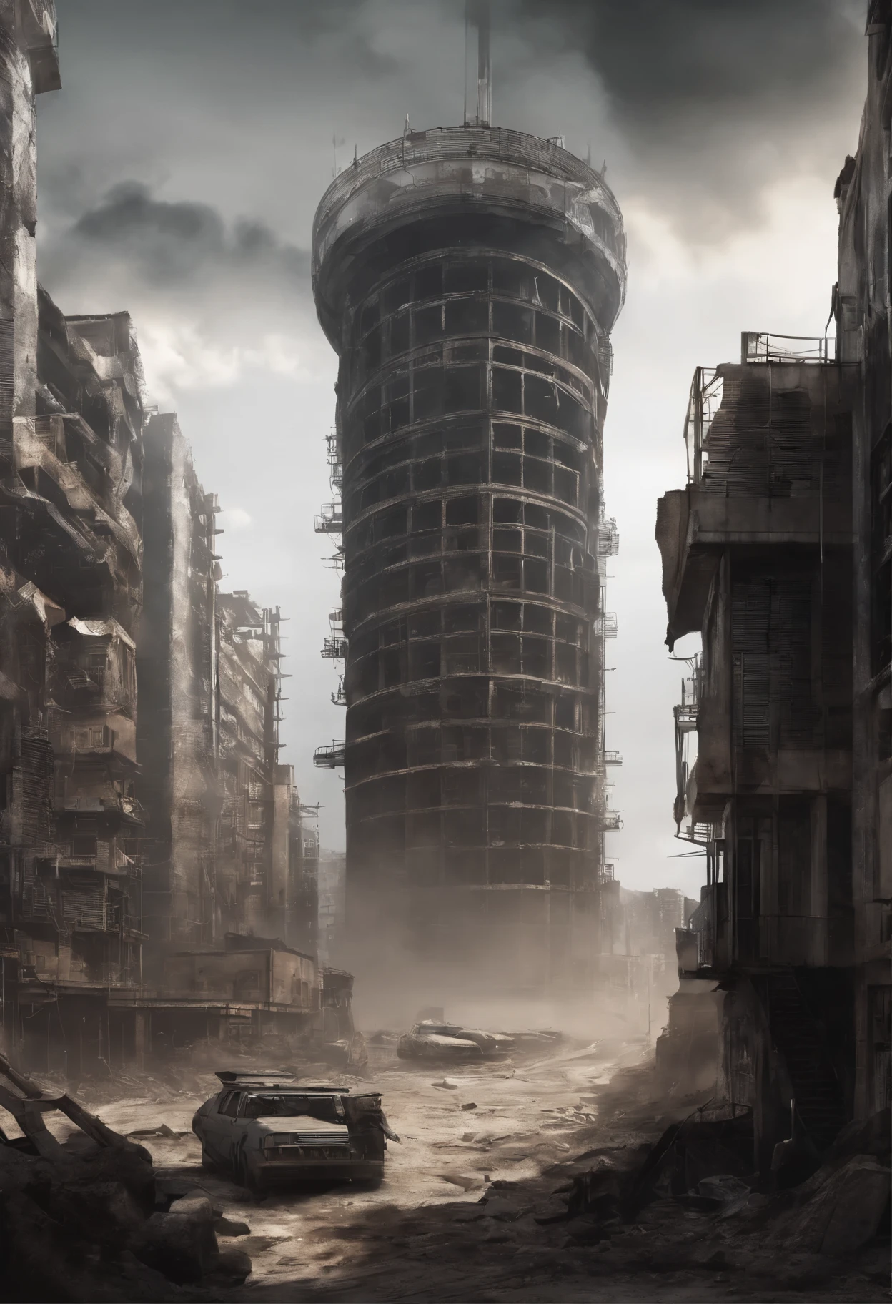 image of the view from inside the balcony of a tall circular tower in the center of a post-apocalyptic North American megalopolis, visao de toda cidade, a cidade tem tons de cinza, has smoky structures, carros abandonados nas ruas, desert megalopolis, tall buildings and collapsing to the ground, many destroyed buildings around, as realistic as possible, As detailed as possible