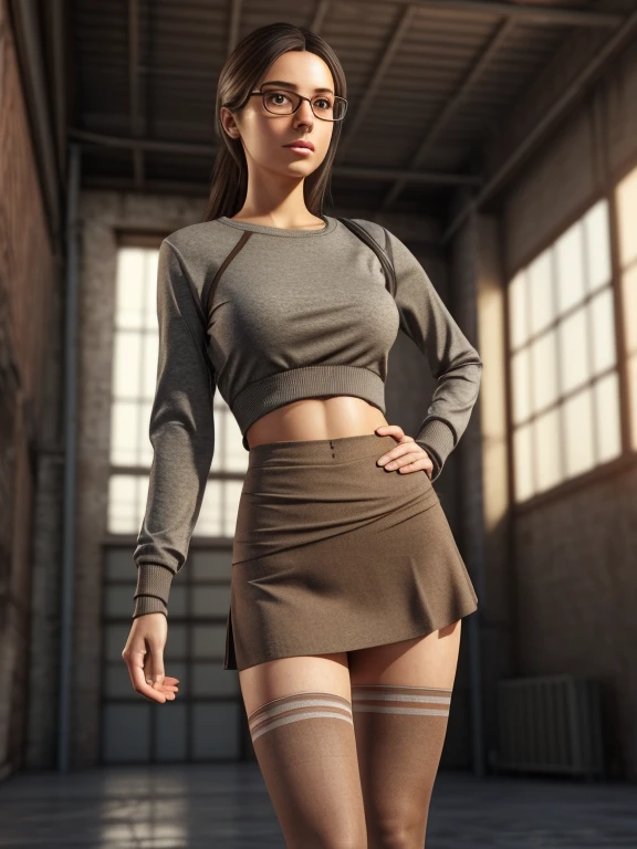 a woman in a short transparant grayish skirt and very tight mini transparant grayish panties, wearing nerdy glasses , brown pantyhose , Smooth CG art, photorealistic girl rendering, a warehouse ruin and full of dust, upper knees pose , waist up pose , various shot angle