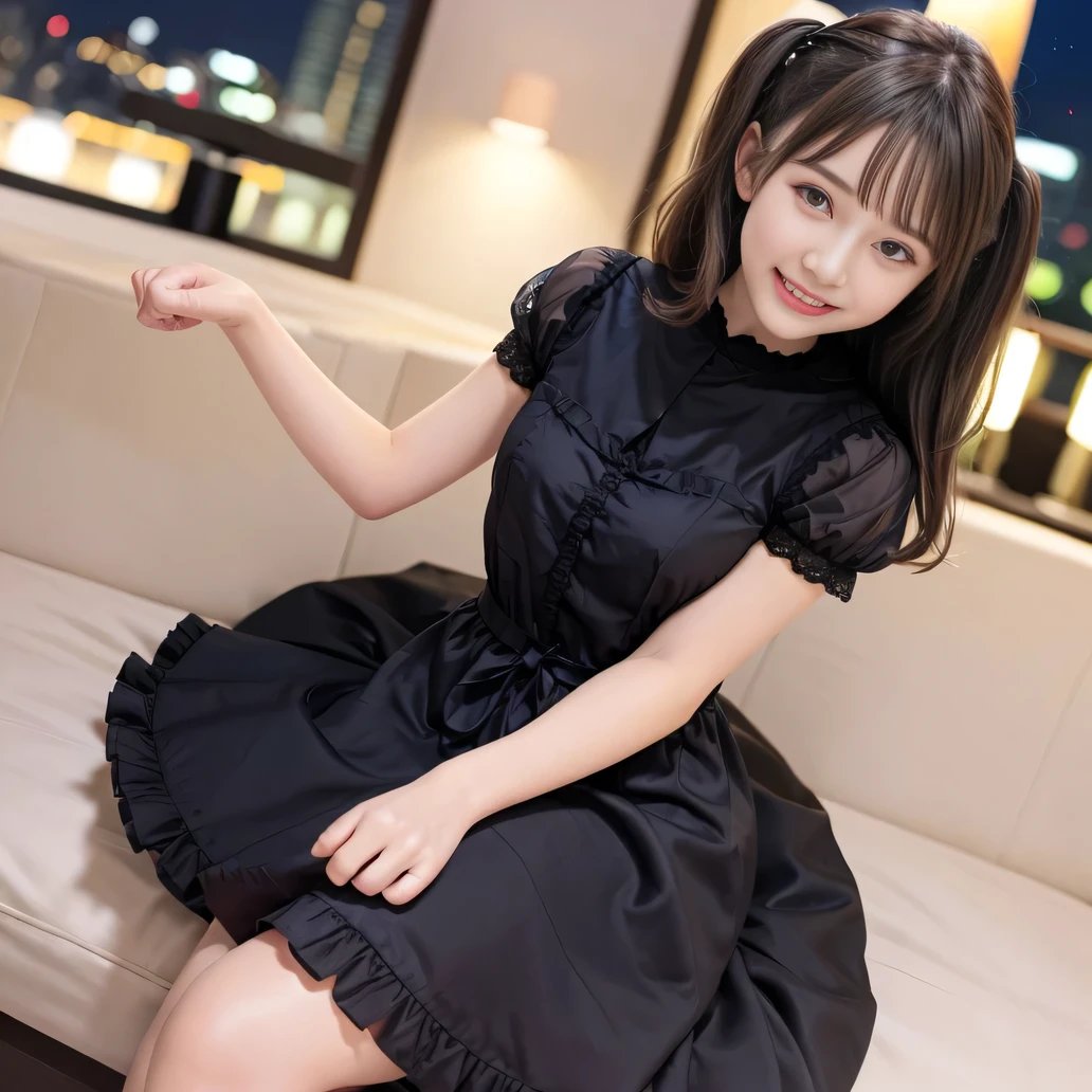 highest quality,(( 8K)), Raw photo, alone, Delicate girl、furubodey、Idol Face, night, Digital single-lens reflex camera, Watching the audience,Frank, Sophisticated, Zola々right, Professional Lighting, Film Grain、Black clotheini Dress、fromabove,Smile、Twin tails、Short Hair、((Straight Hair))、(blunt bangs)、Ultra HD,(8)k,(1 Female:1.2 Beautiful and natural、High quality texture, Intricate details, Fine texture, High Detail, Highly detailed CG, High Quality Shadows, Realistic facial expressions, Beautiful and delicate face down to the last detail, Beautiful and delicate eyes, Brown pupil, A perfectly balanced face, Depth of written boundary, Cinematic Light, Lens flare, Ray Tracing,perspective (Big eyes:1.2),Blushing cheeks, Perfect body,(Dutch Angle,Excellent anatomy,, elegant, Bright colors, 、Waist、(Gothic Lolita)、Mini Dress、、((Large Breasts))、((Black clothing))、((club))、((furubody))、Glossy clothing、((Silk luster))、Silk dress、(())、(night)、Laughing with your mouth open、