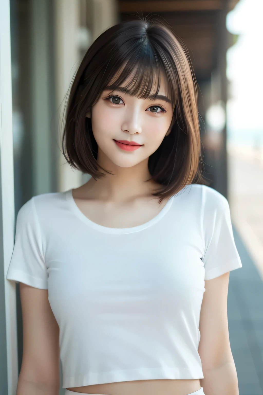 masterpiece、highest quality、8k、(Upper Body:1.4)、beautiful girl、Small breasts、Pretty face、View your viewers、Cute Smile、Ultra-realistic、photograph、Film Grain、chromatic aberration、Sharp focus、High resolution、Face Light、Dynamic Lighting、Cinema Lighting、Professional Shadow、Real Skin、Delicate facial features、Detailed face and eyes、Sharp pupils、Big eyes、Brunette's eyes、double eyelid、Natural Bangs、Beautiful and thin nose、Beautiful Skin、Chestnut Hair、Medium Bob Hair、Shortcuts、Natural Bangs、Perfect and beautiful face、Slim face and figure、Natural color lips、White crew neck t-shirt、Shorts、Open the navel、Seaside、
