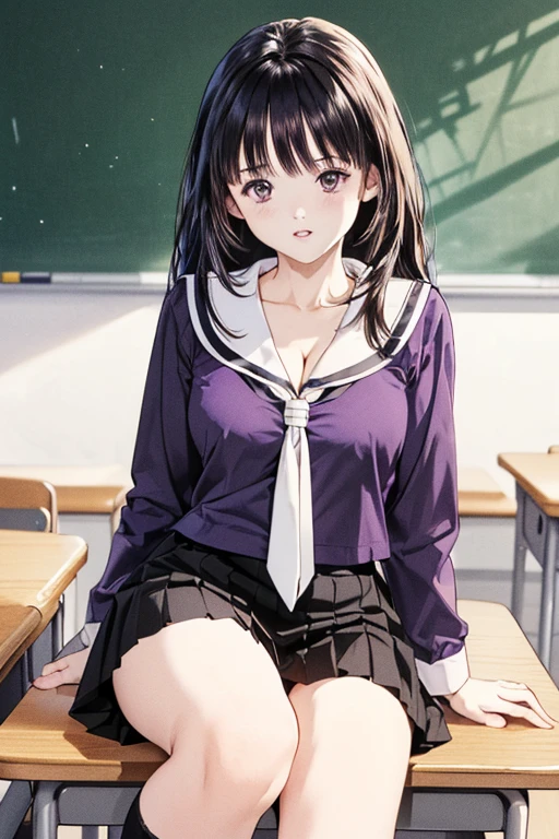 (8K、top-quality、​masterpiece:1.2)、(realisitic、ultra-detailliert、超A high resolution、beautifull detailed face,perfect body,(1girl,black long hair),(school uniform,sailor suit,purple shirts,navy skirt,white tie),sitting on desk,knees to chest,cleavage,in classroom,portrait
