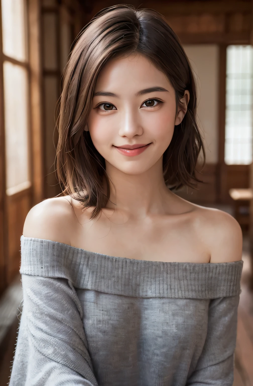 highest quality, Face Focus, Soft Light, (Depth of written boundary), Ultra-high resolution, (Realistic: 1.4), RAW Photos, (Portraiture: 1.4), 1 Japanese Women (from the front), alone, cute, (shy, smile:1.1), (Brown eyes), Description Beautiful face, (midi_hair), European castle hall, walking, (Off-the-shoulder shirt )