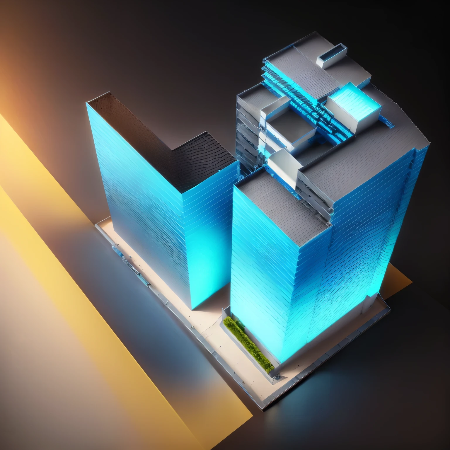 a rendering of a building with a blue and yellow roof, conceptual, perspective view, isometric view!!!!, conceptual rendering, isometric view ???????????, architectural concept, isometric perspective view, complex 3 d render, complex 3d render, concept image, architectural concept diagram, detailed rendering, orthographic 3d rendering, mid-view, concept drawing,Apartment building, 25-storey low block, 30-storey high block, 5-storey base block used as a 4-wheel drive garage, in front there is a road and park