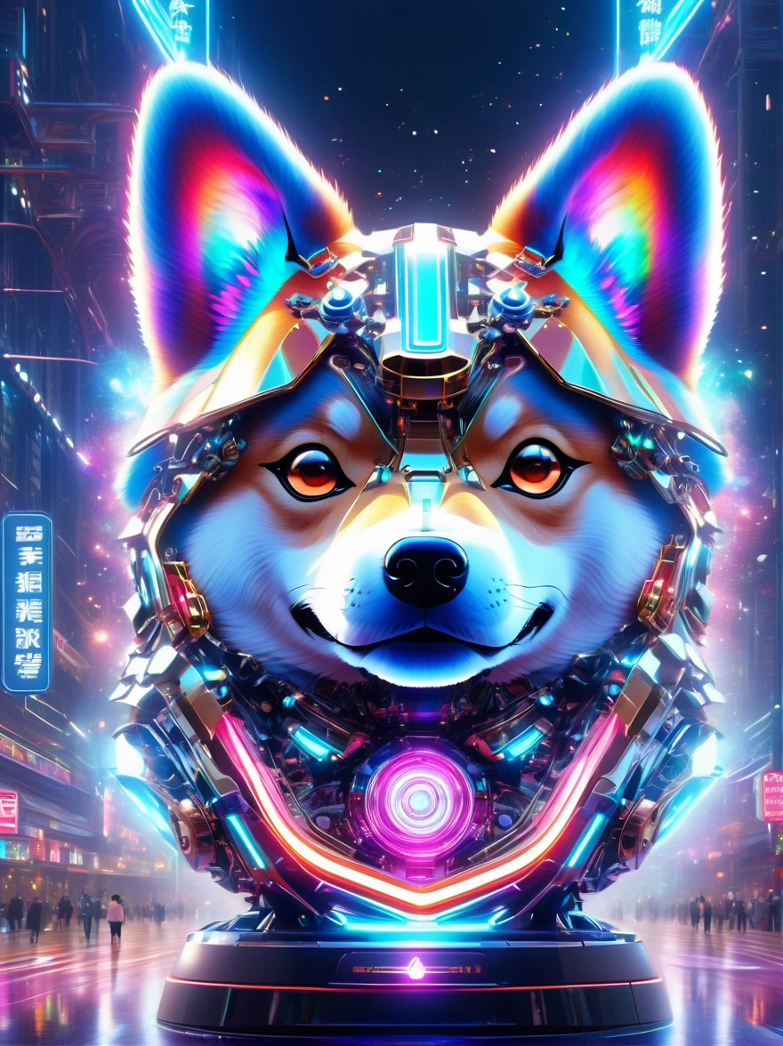  (3D，Mechanical feel，Cute Shiba Inu:1.3), Colorful neon lights, High-tech mechanical parts, Metal body, Detailed vibranium flower design, Vibrant colors, Dynamic glowing flowers, Reflective metal surface, Bright environment, Dynamic poses, Exquisite existence, Skill Improvement, Interlocking mechanical gears, Stylish design, motion blur effect, Metalworking details, Sci-fi atmosphere, Streamlined aerodynamic shape, Laser scanning pattern, Holographic projection, LED light track, beautiful and unforgettable, Advanced sensors, complex algorithm, Sinister and mysterious atmosphere, Electric Spark, Shiny chrome plating, Propulsion systems of the future, Beijing_Gundam, (best quality, 8k, high resolution, masterpiece: 1.2), Ultra Detailed, (whole body:1.8)