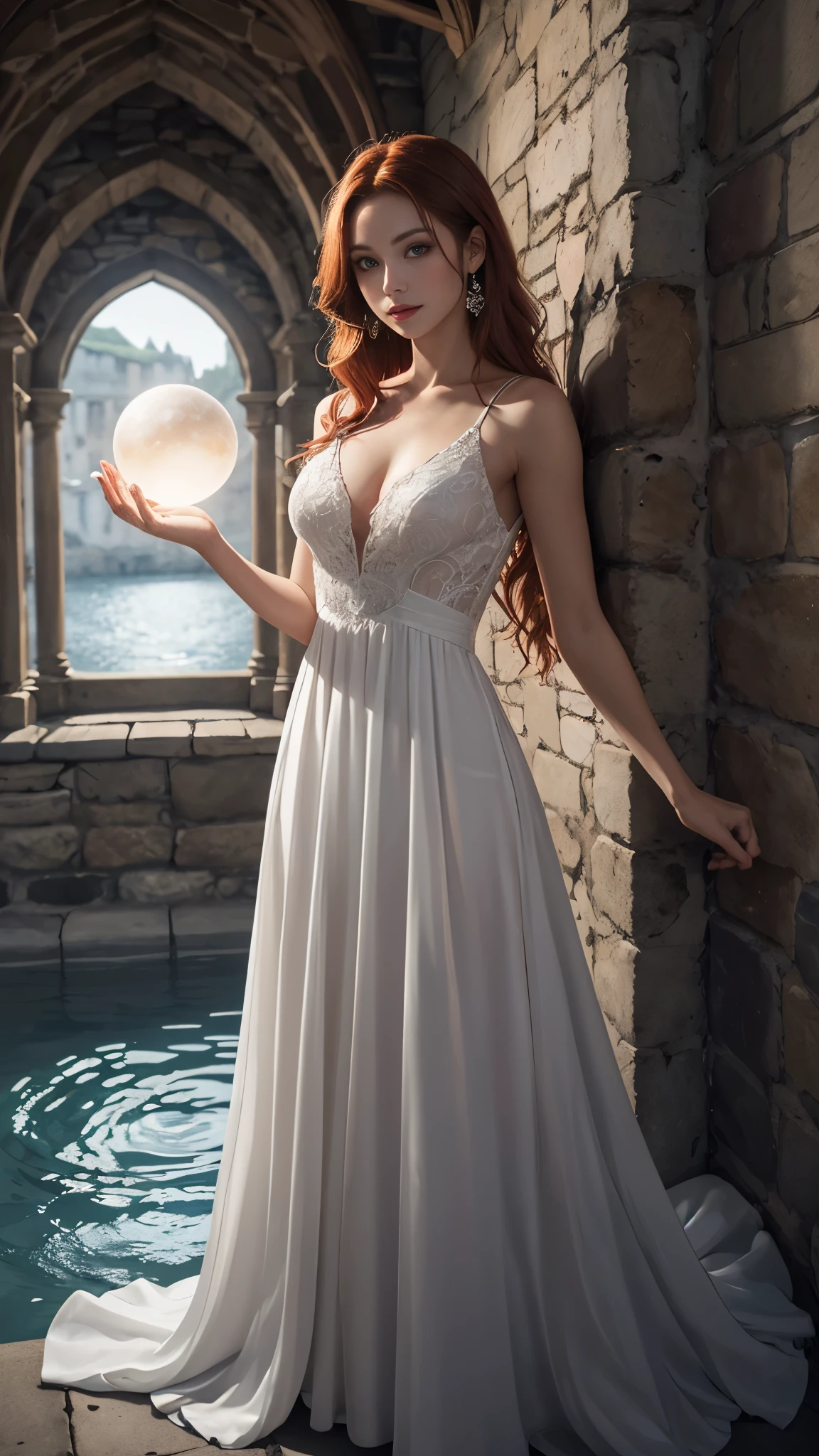 Redhead magical woman with brown eyes and long hair wearing elegant white dress in a castle with water element light orb 