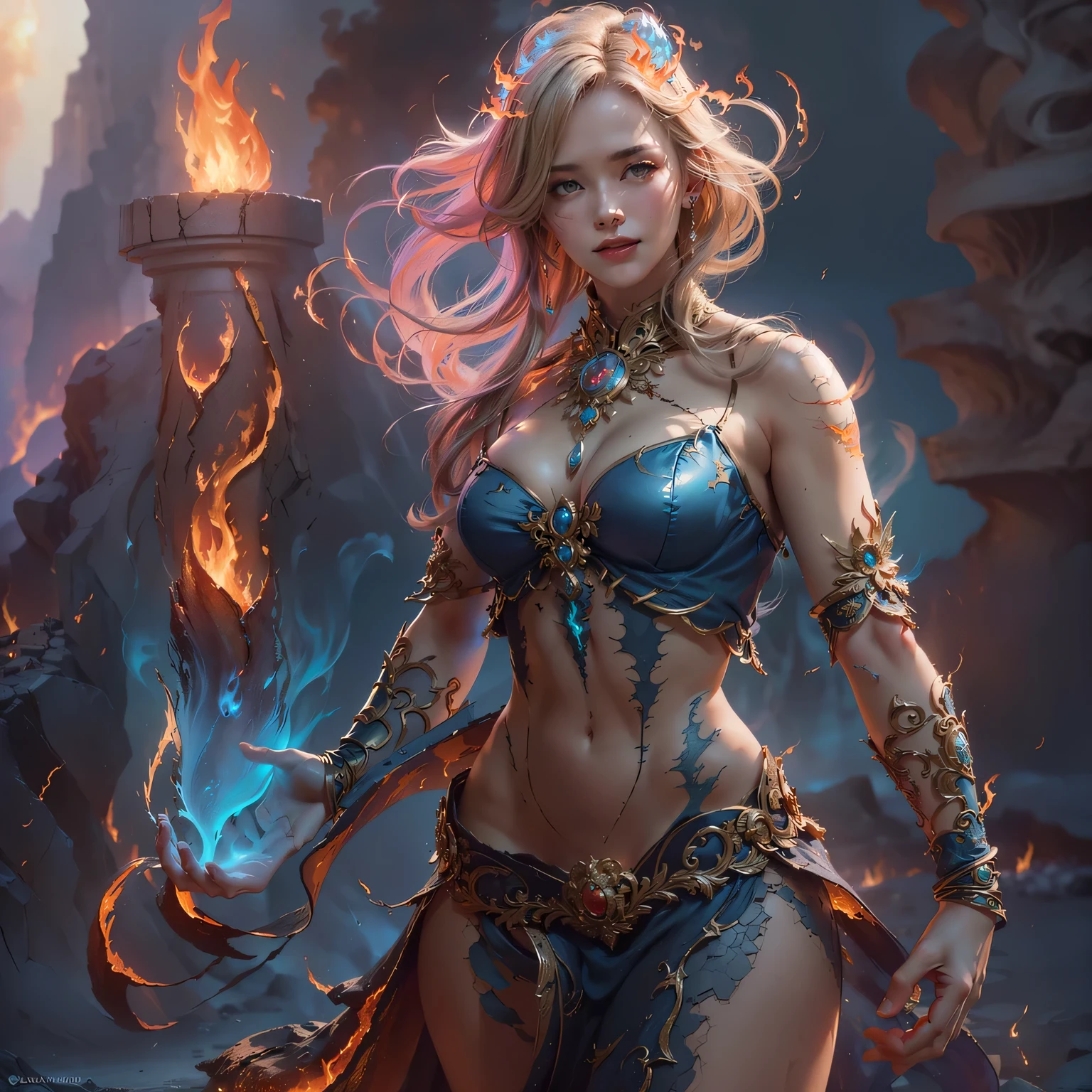 sh4g0d,
sexy girl shaman, wearing mask made of wood, portrait, standing in an s-shape, blue ringlets, sexy breast, 4k , great details and colours