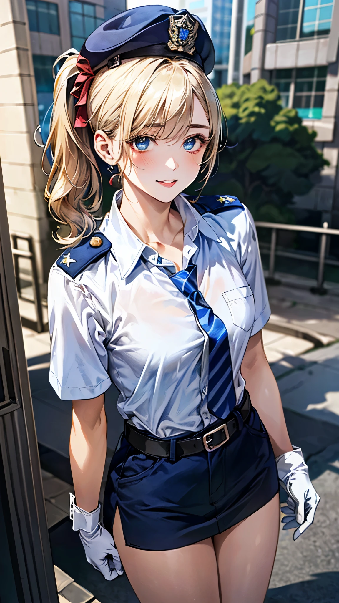 (masterpiece:1.3, top-quality, ultra high resolution, ultra detailed), (realistic, photorealistic:1.4), beautiful illustration, perfect lighting, natural lighting, depth of fields, 
beautiful detailed hair, beautiful detailed face, beautiful detailed eyes, beautiful clavicle, beautiful body, beautiful chest, beautiful thigh, beautiful legs, beautiful hands, 
looking at viewer, (facr focus, upper body), 1 girl, japanese, police girl, (perfect anatomy, anatomically correct), cute and symmetrical face, babyface, perfect face, perfect eyes, shiny skin, 
(long hair:1.5, side ponytail:1.7, blond hair), asymmetrical bangs, blue eyes, long eye lasher, (medium breasts, seductive thighs), bare legs, 
((detailed cloth texture, policewoman uniform, light blue short sleeved shirt, navy necktie, high waisted miniskirt), belt, white gloves, police hat, handcuffs, high-heels), 
(beautiful scenery), evening, (city), standing, salute, (lovely smile, upper eyes, parted lips), 