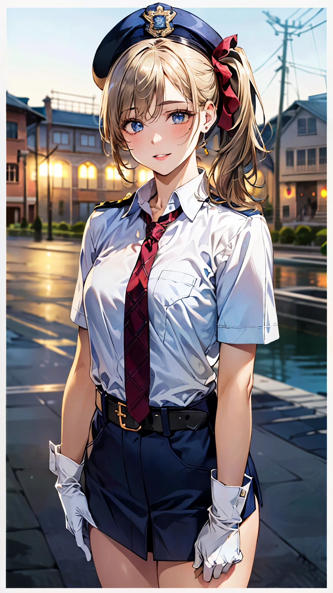 (masterpiece:1.3, top-quality, ultra high resolution, ultra detailed), (realistic, photorealistic:1.4), beautiful illustration, perfect lighting, natural lighting, depth of fields,
beautiful detailed hair, beautiful detailed face, beautiful detailed eyes, beautiful clavicle, beautiful body, beautiful chest, beautiful thigh, beautiful legs, beautiful hands,
looking at viewer, (facr focus, upper body), 1 girl, japanese, police girl, (perfect anatomy, anatomically correct), cute and symmetrical face, babyface, perfect face, perfect eyes, shiny skin,
(long hair:1.5, side ponytail:1.7, blond hair), asymmetrical bangs, blue eyes, long eye lasher, (medium breasts, seductive thighs), bare legs,
((detailed cloth texture, policewoman uniform, light blue short sleeved shirt, navy necktie, high waisted miniskirt), belt, white gloves, police hat, handcuffs, high-heels),
(beautiful scenery), evening, (city), standing, salute, (lovely smile, upper eyes, parted lips),