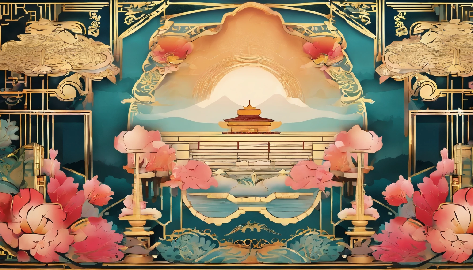 The background is centered around the elements of Dreaming Back to the Tang Dynasty,(You can refer to the wedding dinner scene picture),Need to have Tang Dynasty elements,Like colorful clouds,Lanterns and other elements,Generate a wedding poster background