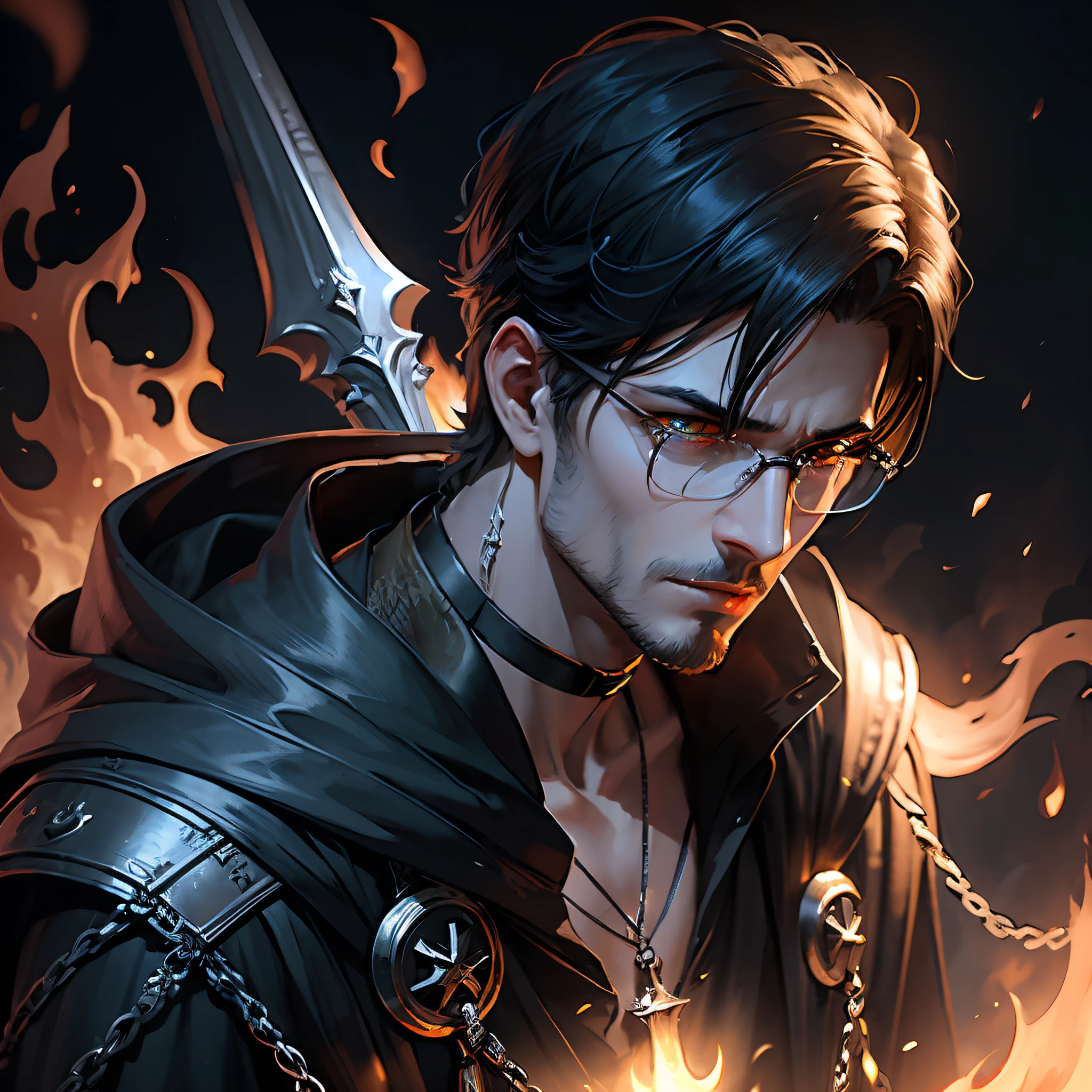 In the dark hell, The flames lit up the darkness, Slender figure, Good looking, With short black hair, The messenger who was wearing gold-rimmed glasses had a look of sadness in his eyes, Wear a suitable black robe(With silver chain decoration), He carries a long silver sword, Anchor choker, Raised eyebrows, The pupils are diamond-shaped, The pupils are bright, Surrealism, Cinema lighting, Vanishing point, High quality