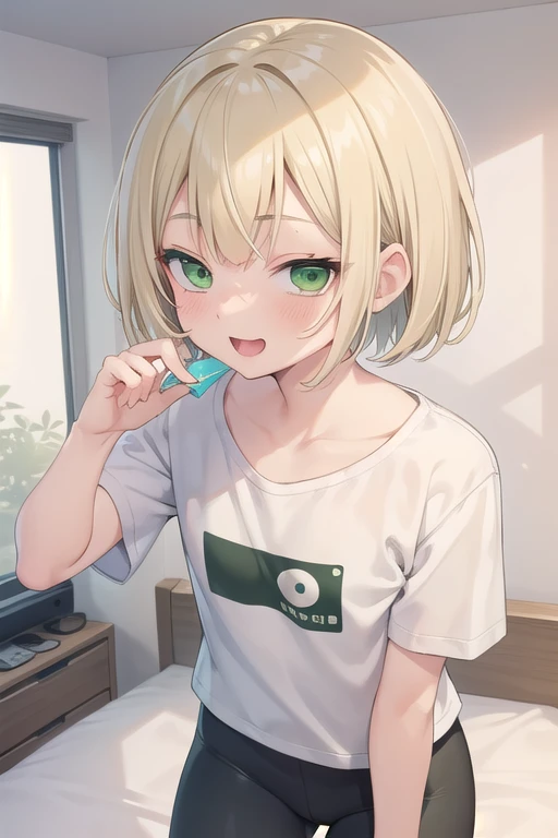 1boy, suzuya aki, nijisanji, virtual youtuber, blonde hair,short hair,bangs,green eyes, White T-shirt,yoga pants ,flat chest,cowboy shot,masterpiece,best quality,ultra detailed、,Bobcut, (Green Eyes:1.5), Blonde, ,smile,blush,,droopy eyes,big eyes,slender,,,open mouth, ,,bedroom,Licking ice cream,closed eyes, Close-up of face