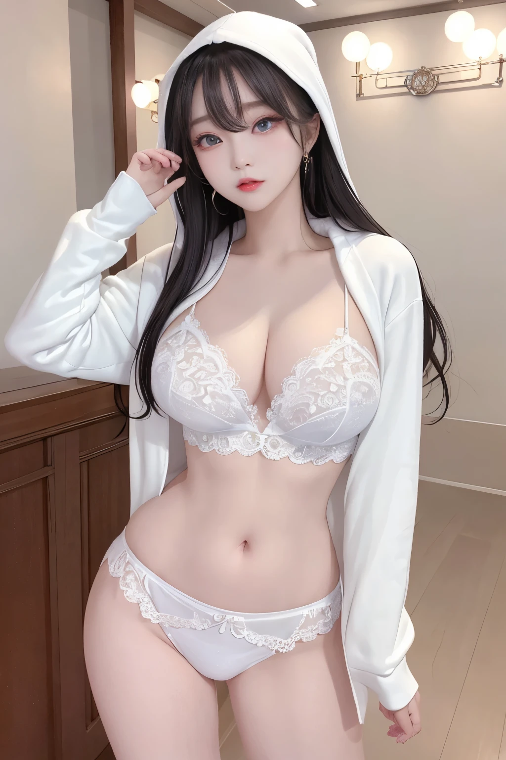 chuppy beautiful girl、Top image quality、Raw photography、A high resolution、20-year-old Korean、big round chest、white Hoodie without front closed、lace underwear、Beautiful Eyes of Details、very elongated eyes、Beautiful eyelashes、Beautiful double eyelids、eyeshadows、耳Nipple Ring, indoor, (standing pose:1.5)