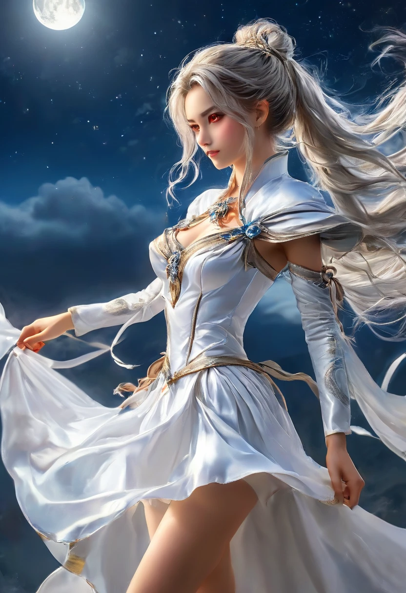 (RAW Photo) , (highly detailed:1.20) , ultra realistic :1.10) ,sexy girl in her 20s , (perfect face:1.20) , (detailed red eyes:1.20) , with long silver hair in ponytail , (((long silver satin cape tied at the neck with a ribbon :1.20))) , full skirt , full body, standing on windy hilltop at night , full moon , high-quality ultra realistic style, detailed eyes, professional, expressive , 8K , highly detailed , professional,