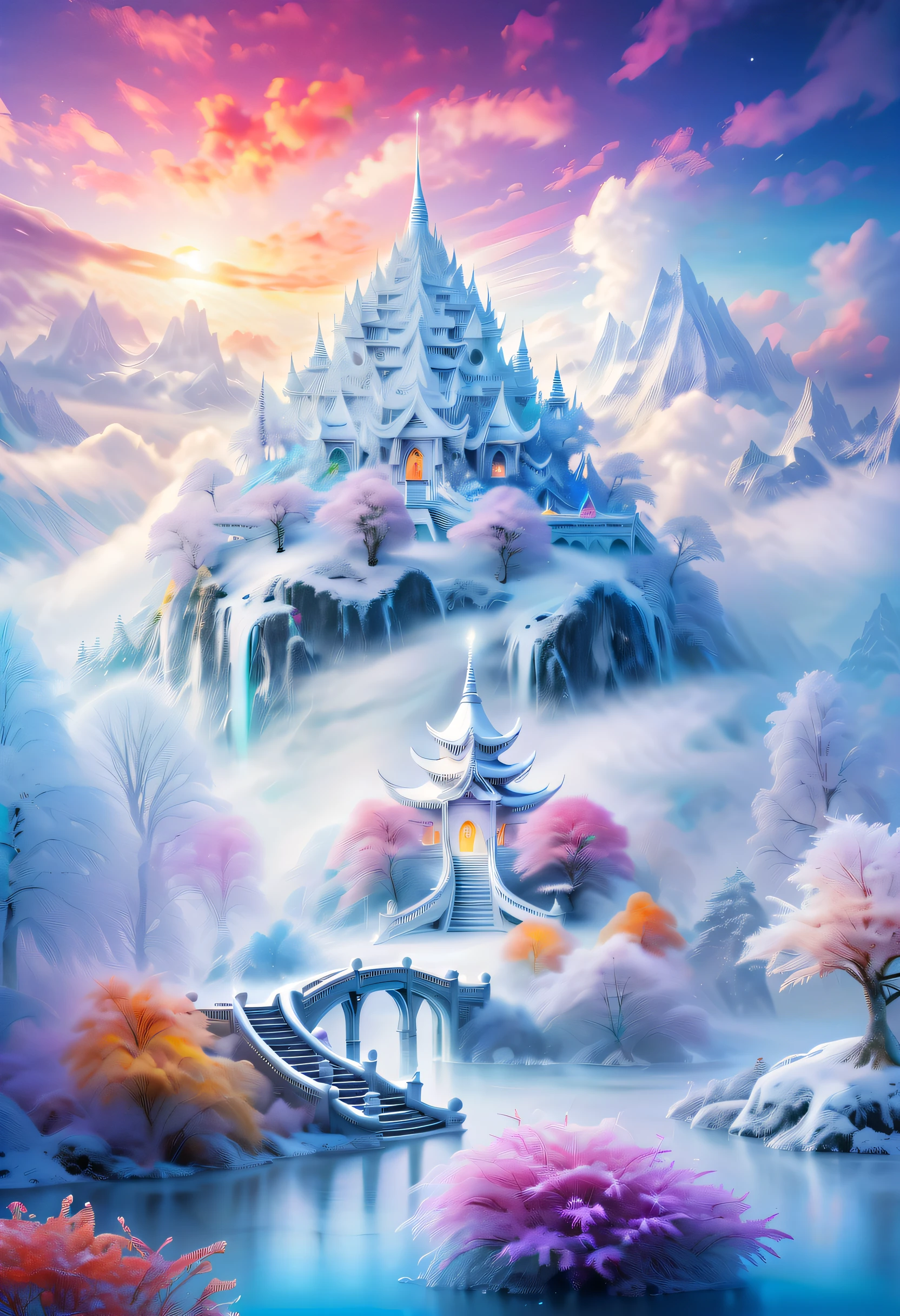 Dreamy cloud and misty fairy island,Winter landscape,Divine light illuminates the snow-white temple,like a dream,Surreal wonderland,Overlapping clouds and fog,Colorful snowflakes are flying,The tree of life blooms with endless vitality