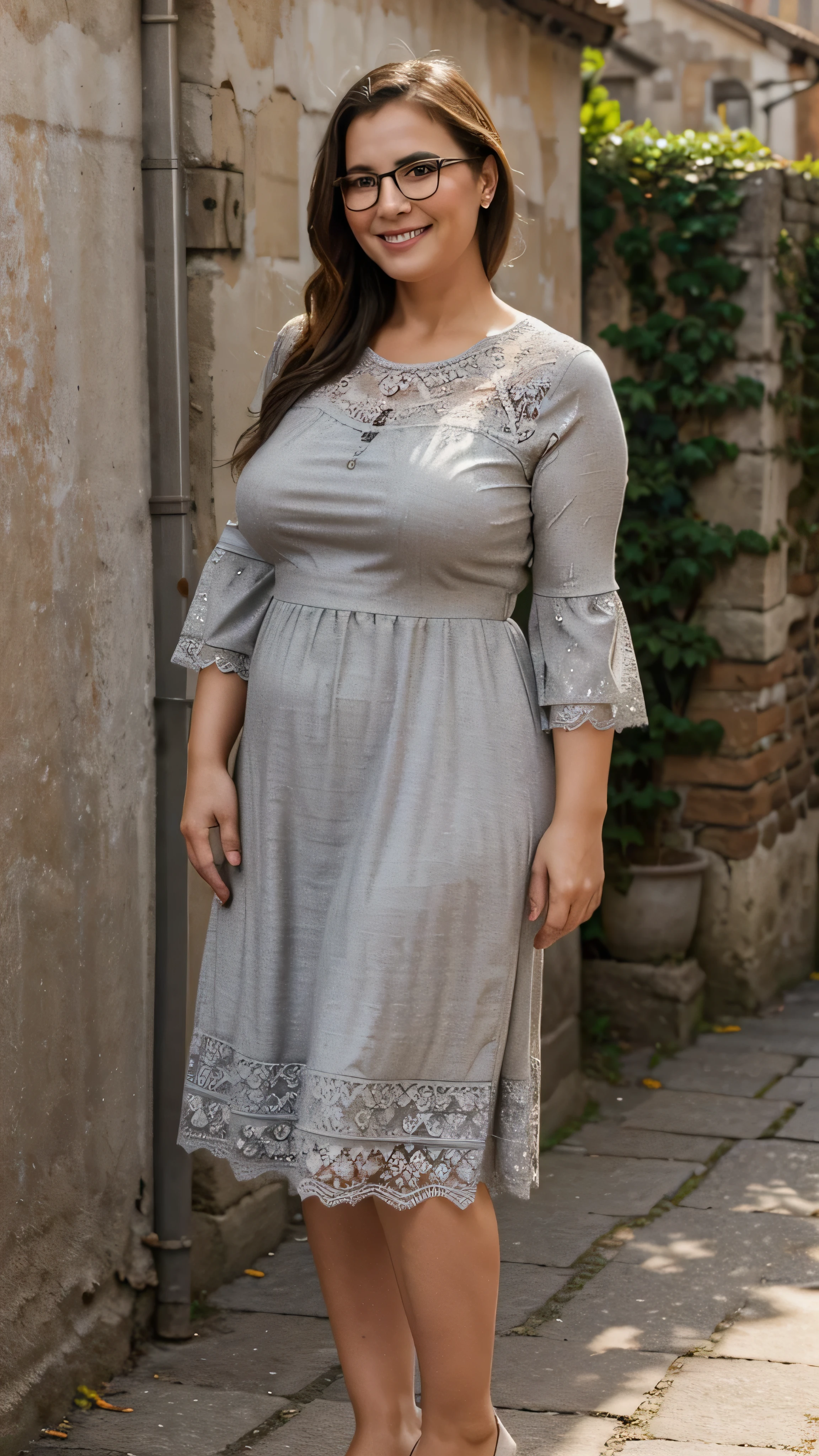 A beautiful and hot almost chubby mature woman.who wears a short gray patterned dress with lace-like sleeves. and standing in the village. A smiling face. He also wears glasses