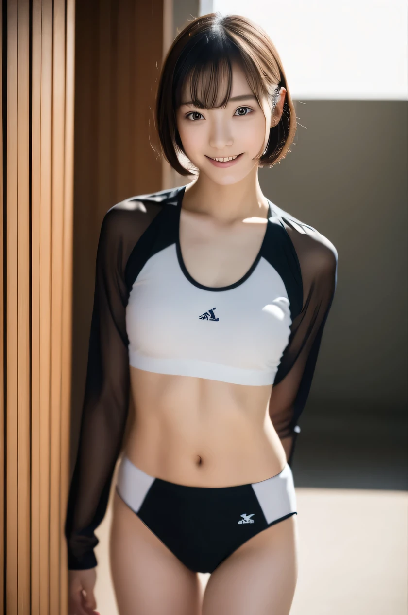 The beauty of 8K raw photos:2.0, Japanese woman, short hair, great face and dark eyes, looking down, looking at the viewer:1.5, big smile, wet hair, spread the legs wide, tiny top, (white sports wear:1.2), shinny skin, realistic:1.9, very detailed, cowboy shot from bottom:1.2, High resolution RAW color photos, professional photos, Taken at the studio, plain wallpaper, girl sexy portrait