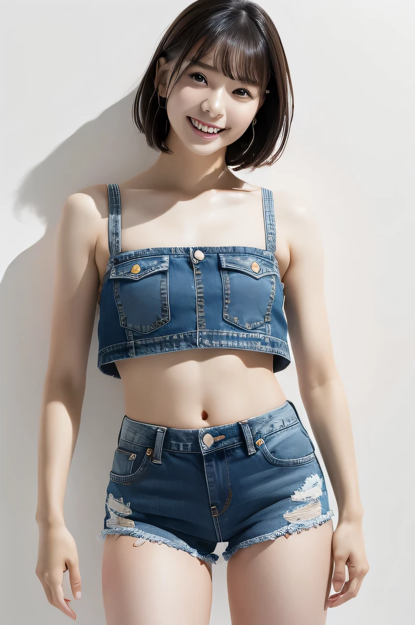 8K raw photo beauty:2.0, short-hair, great face and dark eyes, stares at the camera,(A smile:1.6), show teeth, Show the armpits, Sitting with Knees Up on bottom, spread legs, Do squat, (Denim shorts:1.2), Wear sneakers:1.4, Photorealsitic:1.9, extremely detailed CG unified 8k wallpaper, Highly detailed, High-definition raw color photos, professional photo, Plain wallpaper, sexy portrait of girl, (from bellow:1.3), (looking down, watching at Viewer),