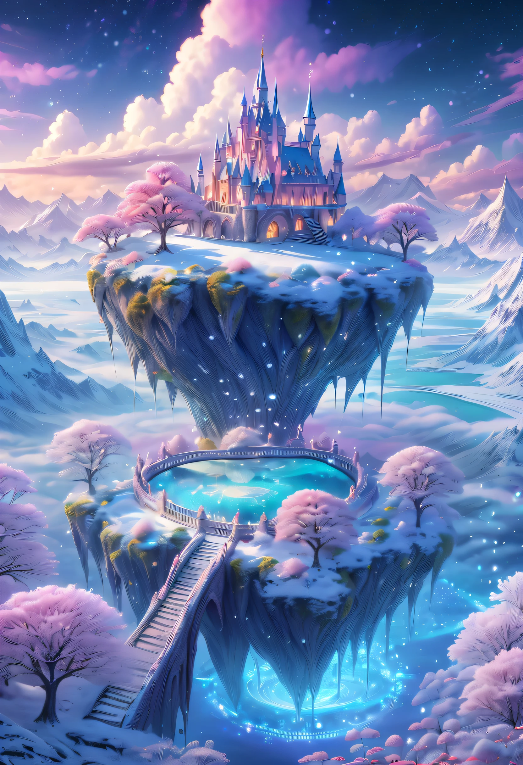 Winter landscape，Surreal wonderland，Dreamy cloud and fairy island，Colorful snowflakes are flying，Princess&#39;The palace is covered in snow，The tree of life blooms with endless vitality，Sparkling stars in the night sky，Overlapping clouds and fog，Whimsical fantasy landscape art, Beautiful art Ultra HD 8K, 8K highly detailed digital art, Beautiful detailed imagination, An epic, dream-like fantasy scene, Mashhad is mysterious and sad, Magical fantasy is very detailed, Mashhad dawn, component...Consists ,  And the floating snow fairy island, Detailed fantasy digital art, 8K detailed digital art