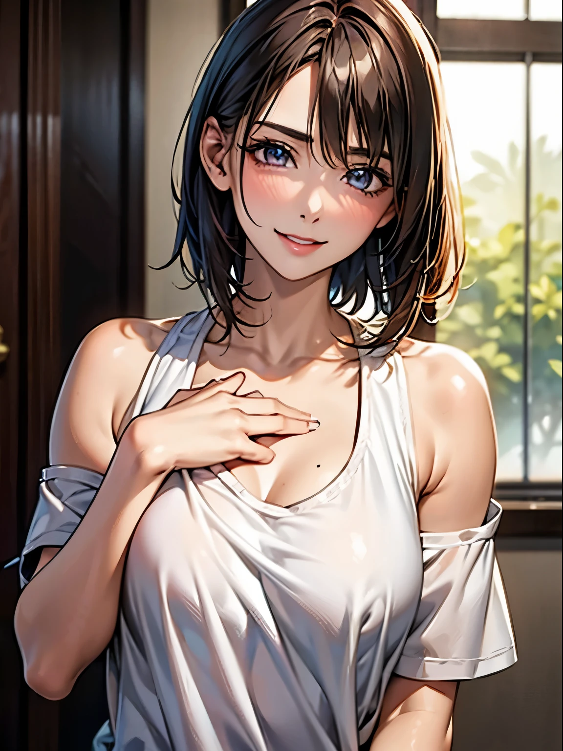 highest quality, Ultra-high resolution, (Realistic: 1.4), beautiful Eyes, Super beautiful, Very short hair, beautiful, lover, Rough chest T-shirt, beautiful Soldier, Eyes that beckon the viewer, loverの視点, Attractive expression, Sexy smile, Perfect Style, Perfect balance, Detailed skin, Mischievous Gaze, I can see your chest