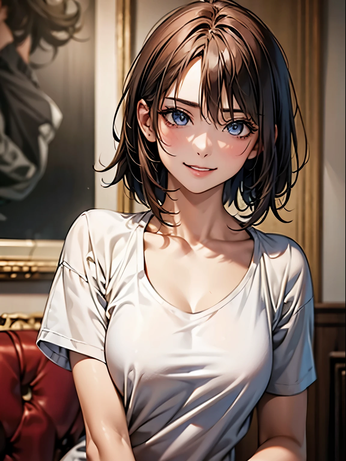 highest quality, Ultra-high resolution, (Realistic: 1.4), beautiful Eyes, Super beautiful, Very short hair, beautiful, lover, Rough chest T-shirt, beautiful Soldier, Eyes that beckon the viewer, loverの視点, Attractive expression, Sexy smile, Perfect Style, Perfect balance, Detailed skin, Mischievous Gaze, I can see your chest