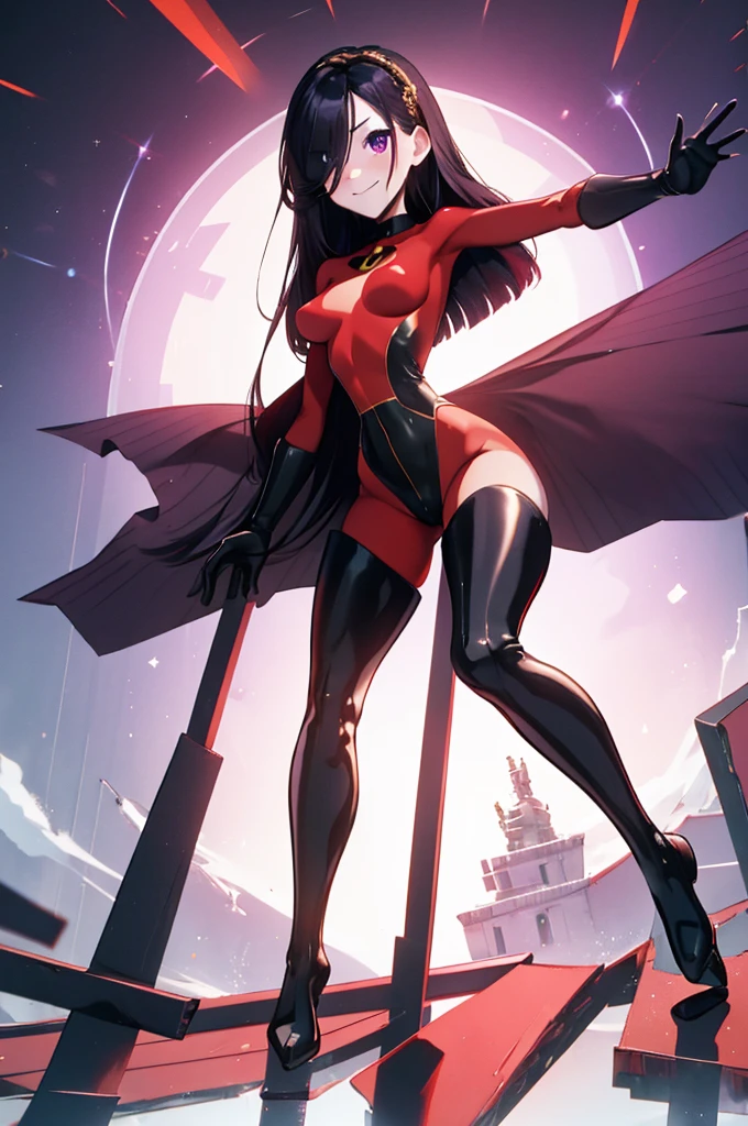 (full body),masterpiece, highest quality, One girl, Violet Par, mask, Long Hair, Black Hair,  Hair on one eye,  (Red hero suit)，Red bodysuit，black elbow gloves，Black Thigh Boots，Thick thighs，Squat，Spread your legs，Raise your arms back， View your viewers, smile, Simple Background 