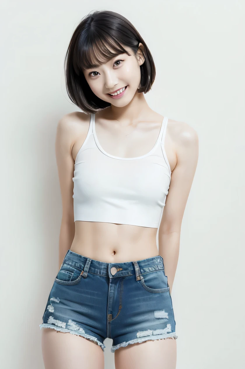 The beauty of 8K raw photos:2.0, Japanese woman, short hair, great face and dark eyes, looking down, looking at the viewer:1.5, big smile, wet hair, spread the legs wide, tiny top, (denim shorts:1.2), shinny skin, realistic:1.9, very detailed, cowboy shot from bottom:1.2, High resolution RAW color photos, professional photos, Taken at the studio, plain wallpaper, girl sexy portrait