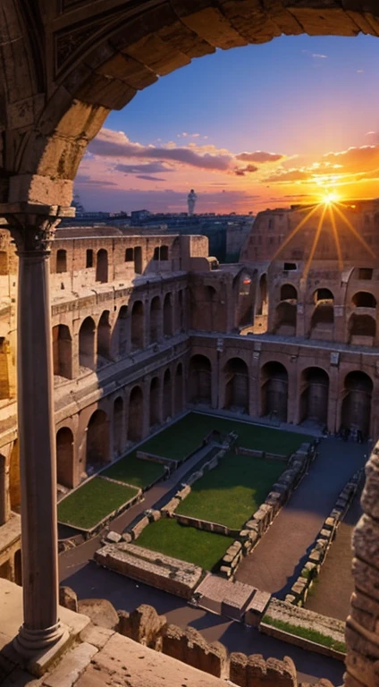 Ancient Roman city. sunset. Historic Rome. 1st century. Guards in the distance.Vivid colors. Colosseum