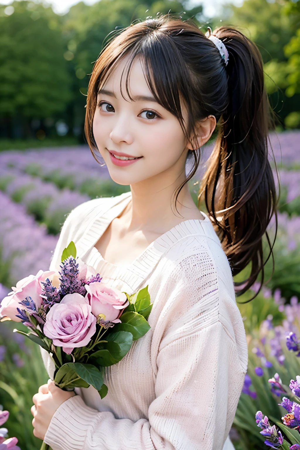 ((masterpiece,best quaLightingy 1.4)), (8k,RAW Photos:1.2), (Realistic,photo Realistic:1.4), Ultra-high resolution , (Highly detailed 8K wallpapers) ,Japanese Idols, Japanese actress, Japanese, very cute, Big eyes, Highly detailed eyes and face, Beautiful eyes in every detail,Shiny skin,Portraiture,(ponytail :1.2),(smile:1.3) ,(Holding a bouquet:1.2),Lighting, Sharp focus, Written boundary depth , (Dynamic Angle:1.4 ). Blur the background, Bokeh, (Pink sweater and apron:1.2) ,( In a lavender field during the daytime.)
