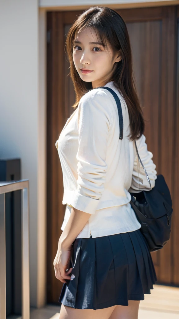 a Japanese girl walking in the school, school, a white wall, a grey table, ((master piece)), ((best quality)), ((intricate detailed)), ((Hyperrealistic)), milf, mature woman, perspective, highly detailed, illustration, ((natural beautiful breasts)), perfect hands, detailed fingers, beautiful detailed eyes, medium long hair, blown eyes, school blazer, school dark blue mini skirt, earrings, detailed background, perfect eyes, looking at the viewer, from front, white panties, slender body, 168cm, inverted nipples, nsfw,