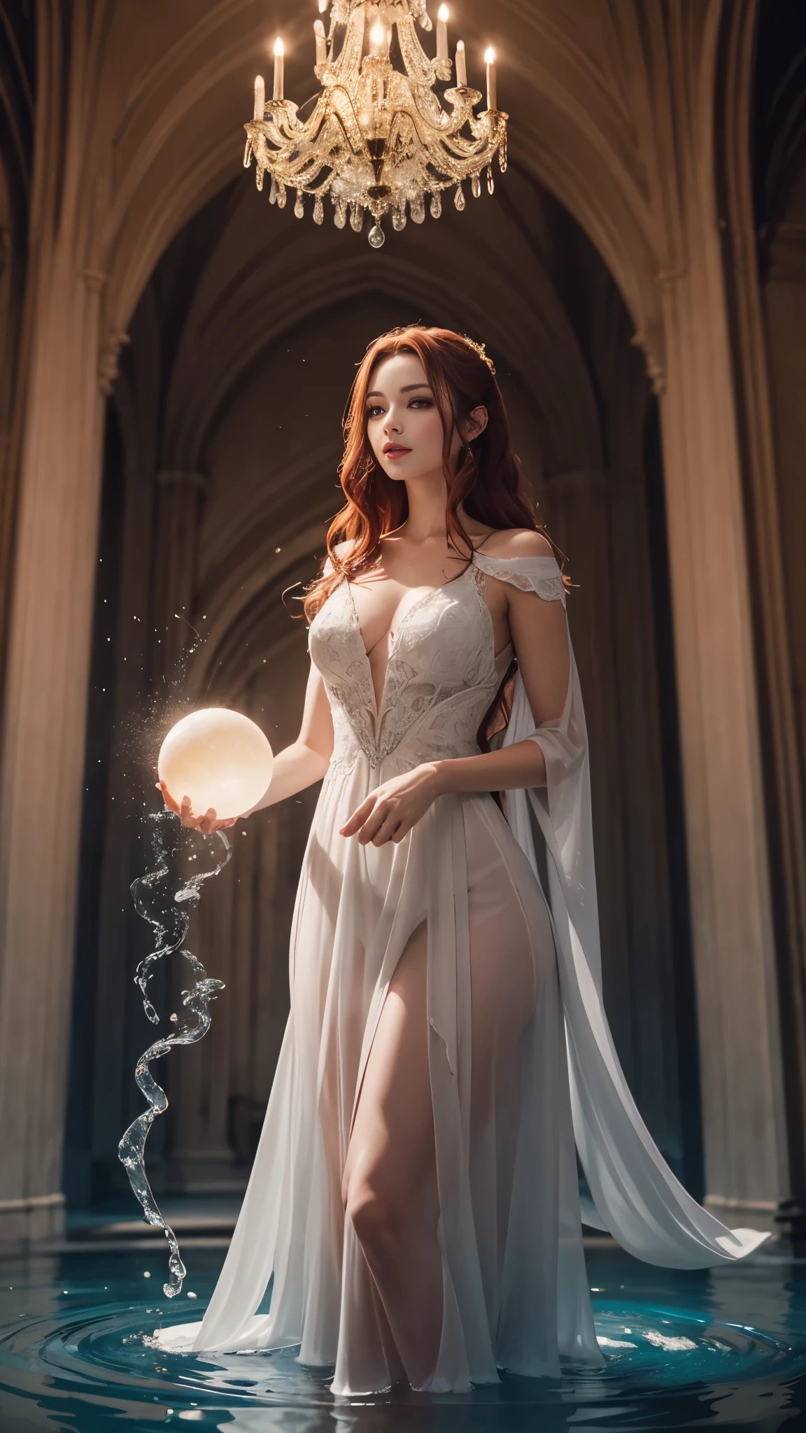 Redhead magical woman with brown eyes and long hair wearing elegant white dress in a castle with water element light orb