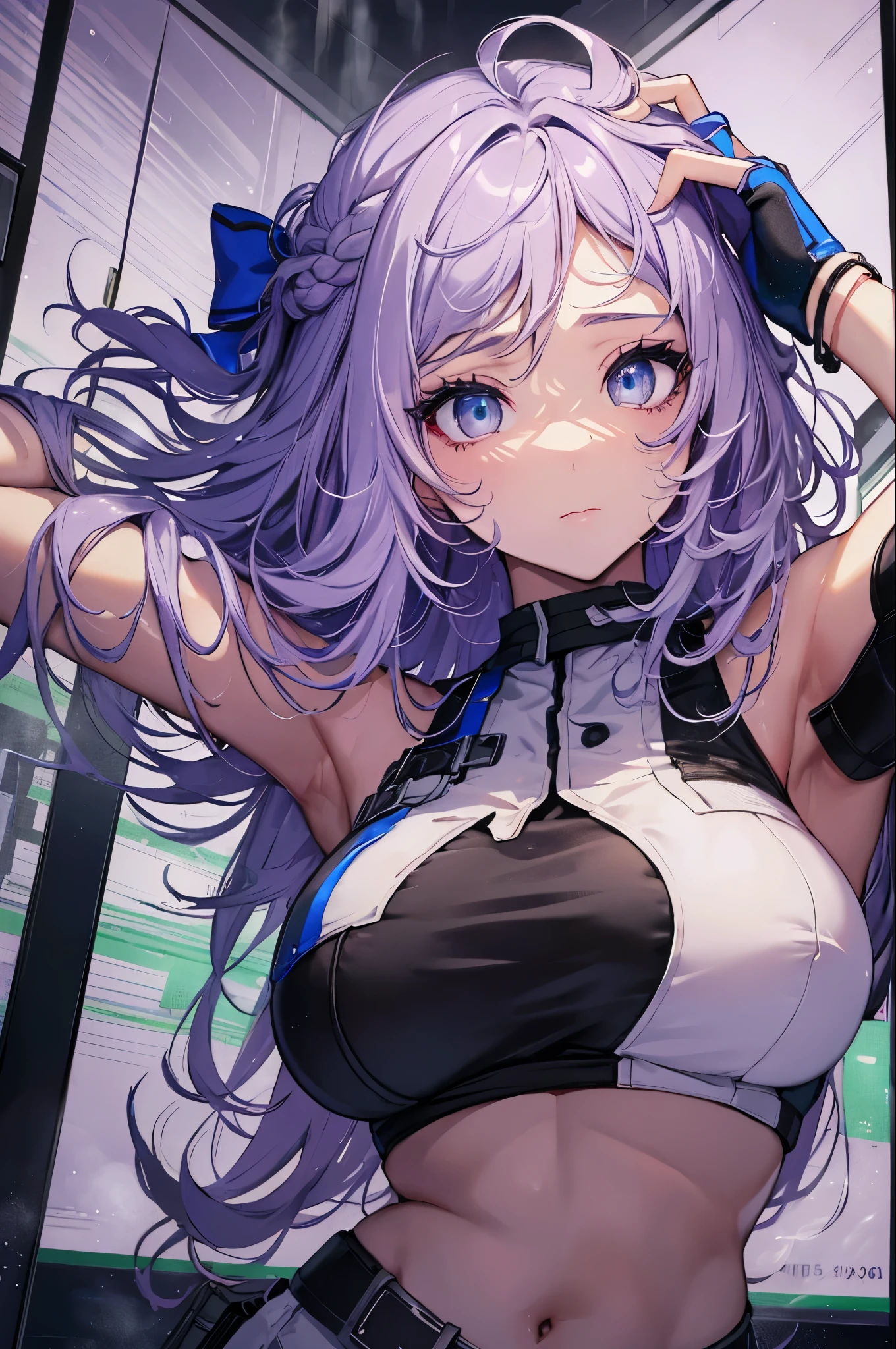jelofolkwang, hair bow, white crop top,large breasts,underboob,midriff peek,(arms up),fingerless gloves, white pants, belt,ahegao, drivel, be breathless, blush, (very humid, steam, perspired, fog:1.3),masterpiece,Noise Reduction,perfect anatomy,high resolution, ultra-detailed,game cg,dutch angle ,beautiful detailed eyes,visualart,five fingers, perfect hands, perfect lighting,