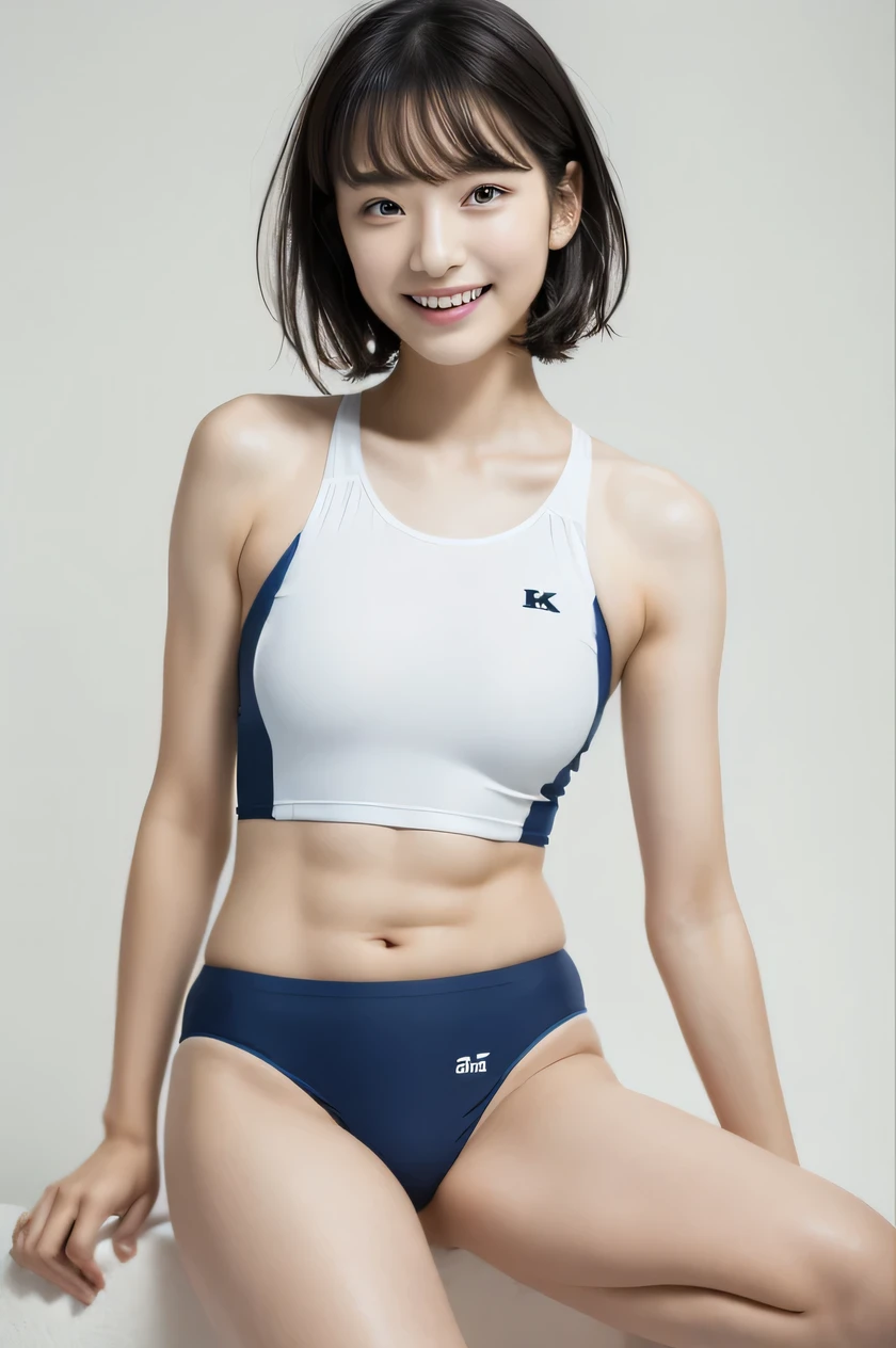 The beauty of 8K raw photos:2.0, Japanese woman, short hair, great face and dark eyes, looking down, looking at the viewer:1.5, big smile, wet hair, spread the legs wide, tiny top, (swim wear:1.2), shinny skin, realistic:1.9, very detailed, cowboy shot from bottom:1.2, High resolution RAW color photos, professional photos, Taken at the studio, plain wallpaper, girl sexy portrait