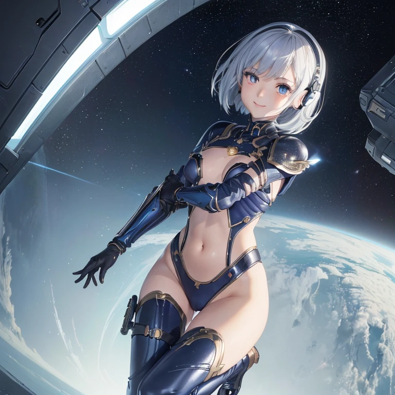 (masterpiece、highest quality、Highest Resolution、clear_image、detailed details、Angle from above): (whole body、One 20 year old girl、The Face of Japan、Small face、thin、navy blue super short bob cut hair、(Hidden Small:1.3)、Sparkling blue eyes、Blue and black shiny pilot suit、Chest protection armor、Tight fitting clothes、whole bodyを覆う衣服、Glamorous clothes、Tight Fit Pants、Hide your skin、Very delicate and beautiful、Detailed skin、hide thighs、Hide your ass、cute、A kind smile、Soft look、heroine、headset、Knee-high boots、Elbow-length gloves、Eye-level shot、face directly、Woman on a spaceship)