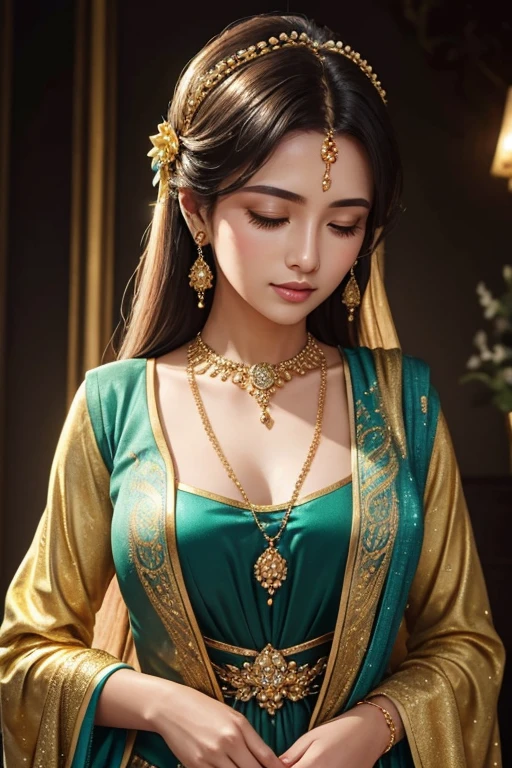 Extremely close-up on glittering golden clover-leave long necklace on a lady's neck, while her hand reach the necklace. The surrounding fill with glowing tiny gold particles, scattering the lady loose royal teal blouse.
