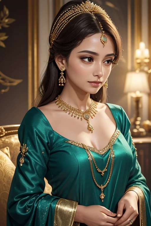 Extremely close-up on glittering golden clover-leave long necklace on a lady's neck, while her hand reach the necklace. The surrounding fill with glowing tiny gold particles, scattering the lady loose royal teal blouse.