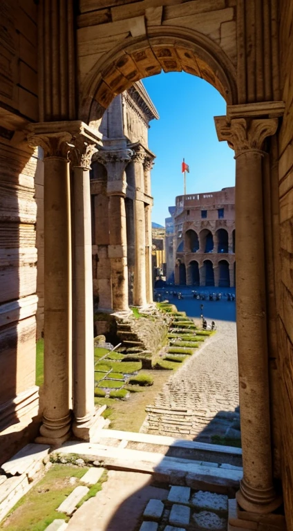 Ancient Roman city. The historic, beautiful and majestic city of Rome. 1st century. Guards in the distance.Vivid colors. Colosseum